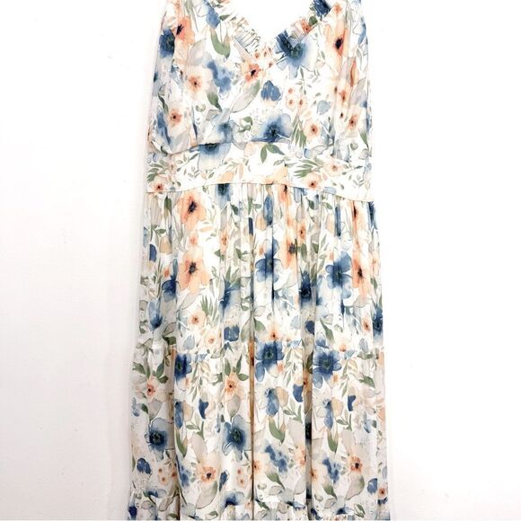 Penelope Rose White Blue Peach Floral V Neck Tiered Maxi Tank Dress NEW - Picture 3 of 16
